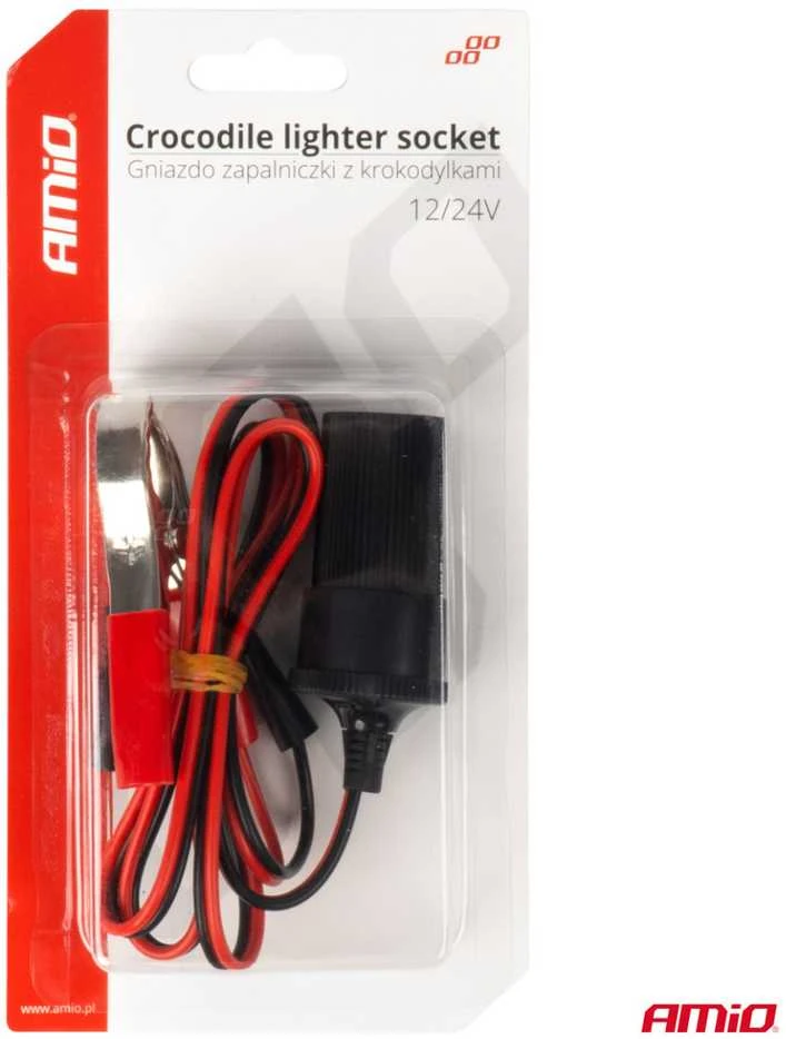 Automobilio maitinimo lizdo adapteris su krokodilo tipo gnybtais 12/24V 100 cm, AMIO-03804