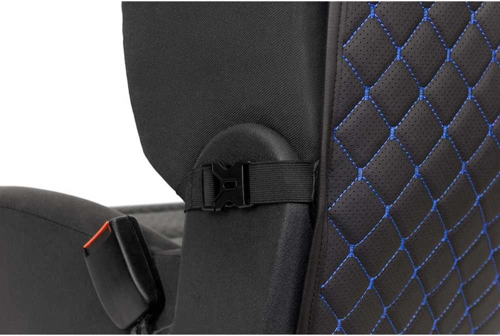 Automobilio sėdynės atlošo apsauga nuo vaikų EVAtech ECO 75x46 cm - juoda / juodi kraštai / mėlynos siūlės
