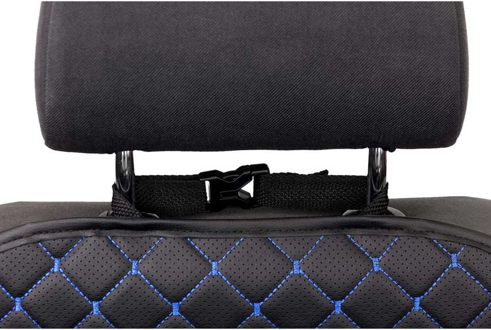 Automobilio sėdynės atlošo apsauga nuo vaikų EVAtech ECO 75x46 cm - juoda / juodi kraštai / mėlynos siūlės