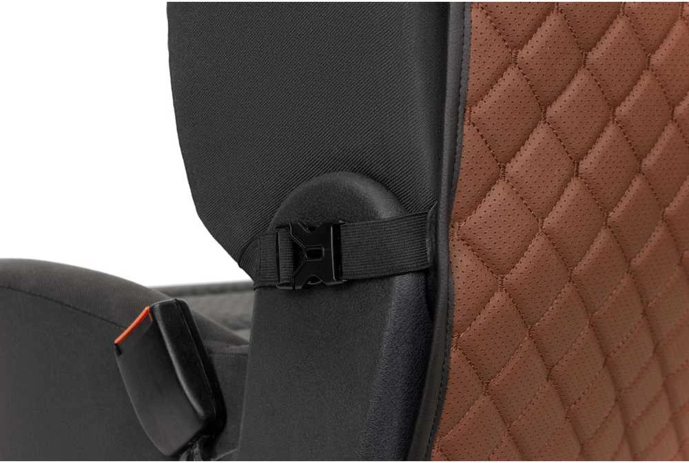 Automobilio sėdynės atlošo apsauga nuo vaikų EVAtech ECO 75x46 cm - ruda / juodi kraštai / rudos siūlės