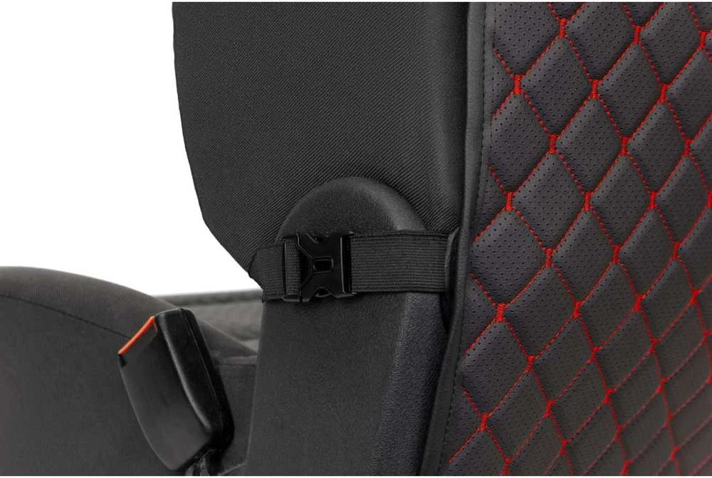 Automobilio sėdynės atlošo apsauga nuo vaikų EVAtech ECO 75x46 cm - juoda / juodi kraštai / raudonos siūlės