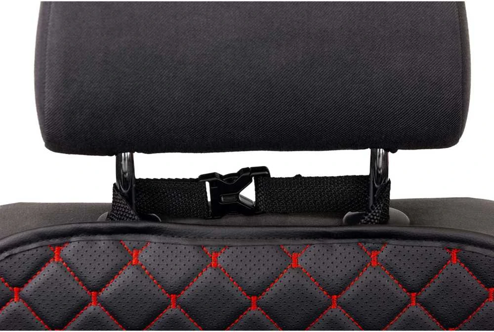 Automobilio sėdynės atlošo apsauga nuo vaikų EVAtech ECO 75x46 cm - juoda / juodi kraštai / raudonos siūlės