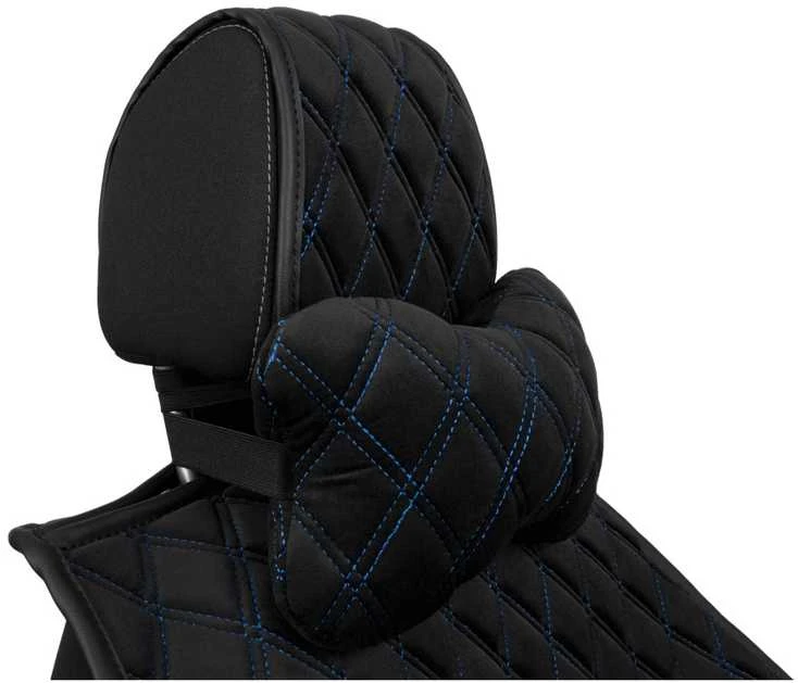 Automobilio sėdynės galvos atramos pagalvė EVAtech 27x16 cm - juoda / mėlynos siūlės