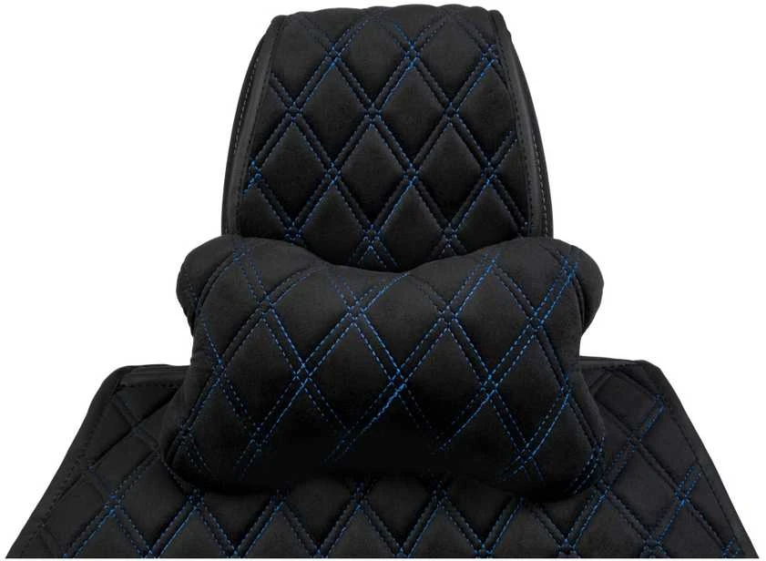 Automobilio sėdynės galvos atramos pagalvė EVAtech 27x16 cm - juoda / mėlynos siūlės