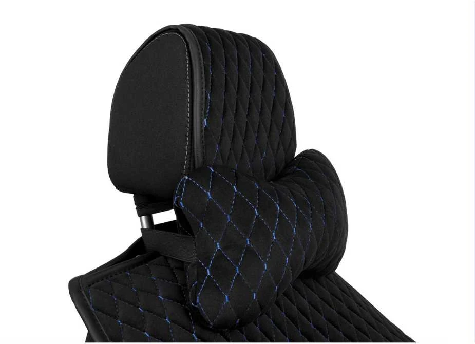 Automobilio sėdynės galvos atramos pagalvė EVAtech 27x16 cm - juoda / mėlynos siūlės
