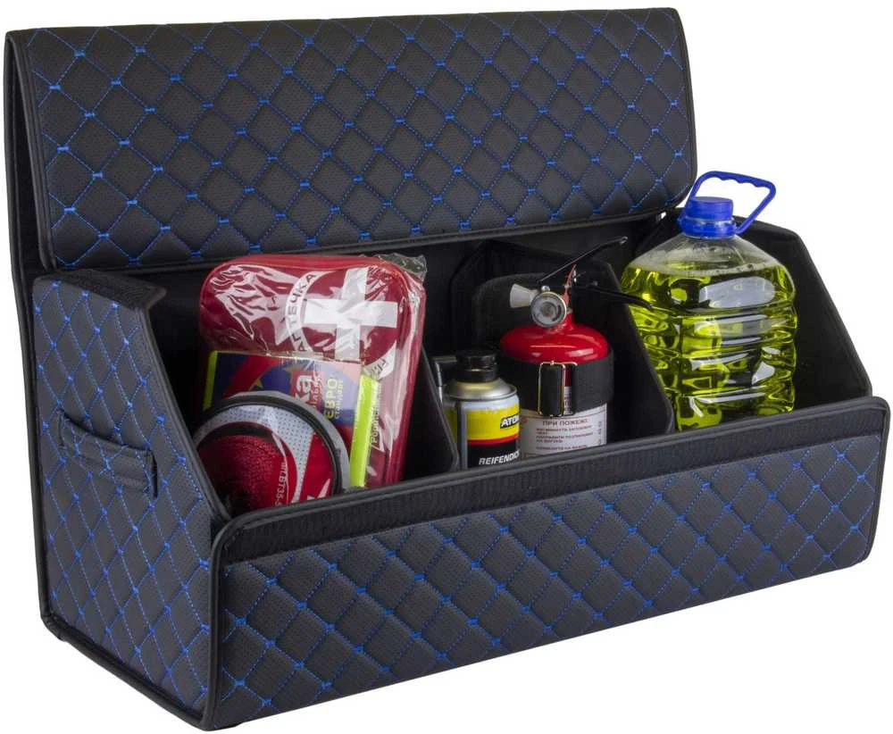 Bagažinės daiktadėžė EVAtech ECO L 30x30x65 cm - juoda / juodi kraštai / mėlynos siūlės / juodas vidus