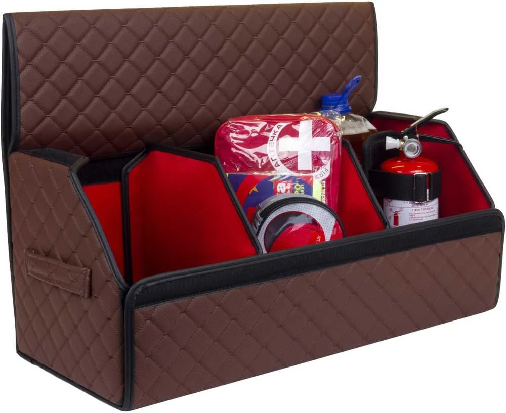 Bagažinės daiktadėžė EVAtech ECO L 30x30x65 cm - ruda / juodi kraštai / rudos siūlės / raudonas vidus