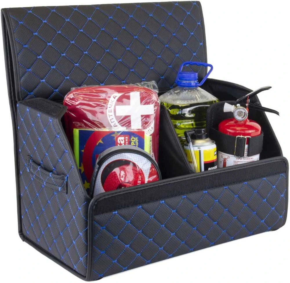 Bagažinės daiktadėžė EVAtech ECO M 30x30x50 cm - juoda / juodi kraštai / mėlynos siūlės / juodas vidus