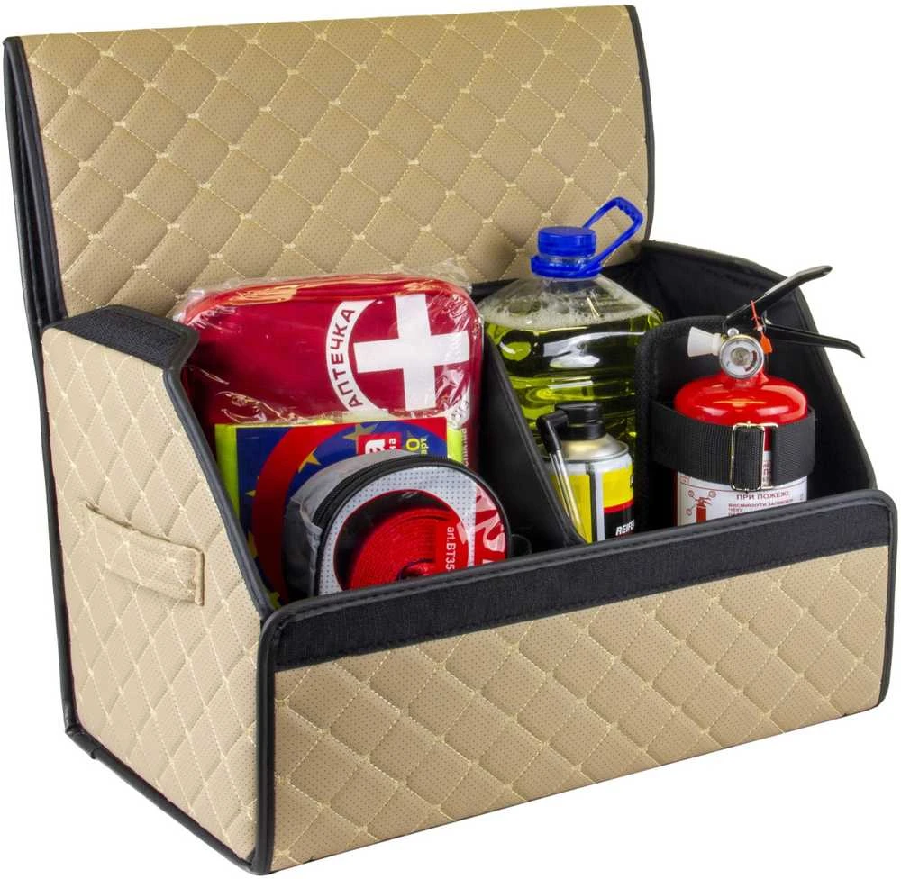 Bagažinės daiktadėžė EVAtech ECO M 30x30x50 cm - smėlio / juodi kraštai / smėlio siūlės / juodas vidus