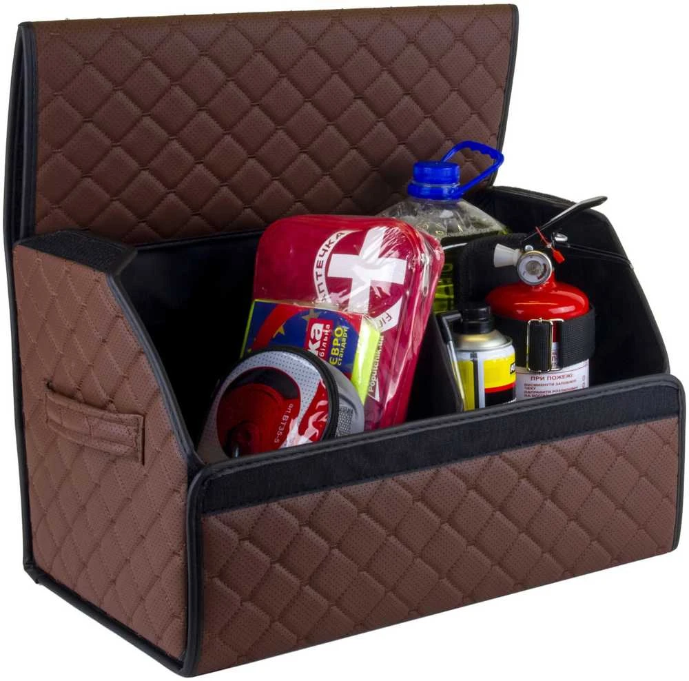 Bagažinės daiktadėžė EVAtech ECO M 30x30x50 cm - ruda / juodi kraštai / rudos siūlės / juodas vidus
