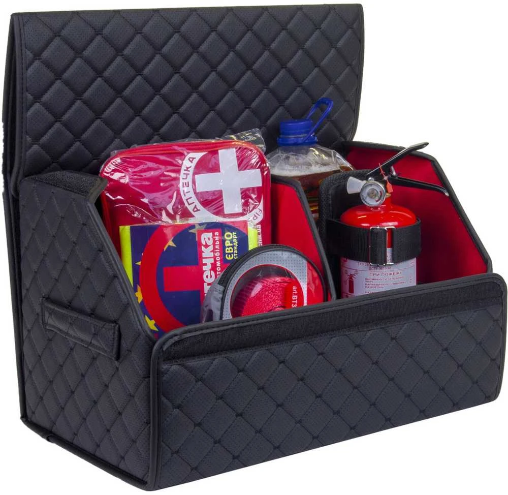 Bagažinės daiktadėžė EVAtech ECO M 30x30x50 cm - juoda / juodi kraštai / juodos siūlės / raudonas vidus