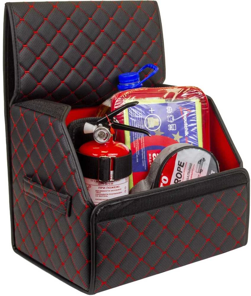 Bagažinės daiktadėžė EVAtech ECO S 30x30x35 cm - juoda / juodi kraštai / raudonos siūlės / raudonas vidus