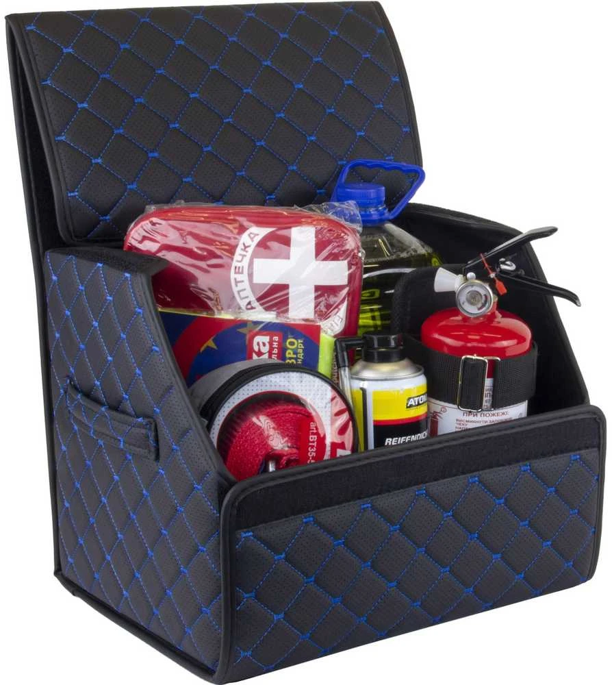 Bagažinės daiktadėžė EVAtech ECO S 30x30x35 cm - juoda / juodi kraštai / mėlynos siūlės / juodas vidus