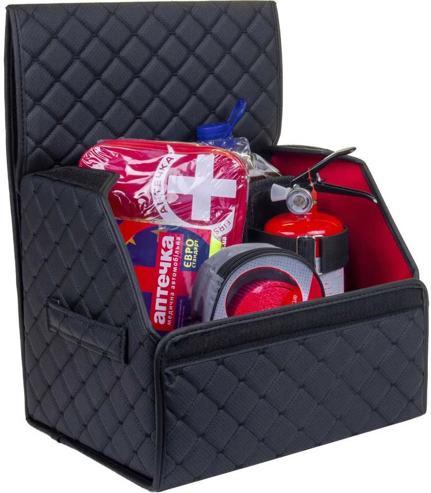 Bagažinės daiktadėžė EVAtech ECO S 30x30x35 cm - juoda / juodi kraštai / juodos siūlės / raudonas vidus