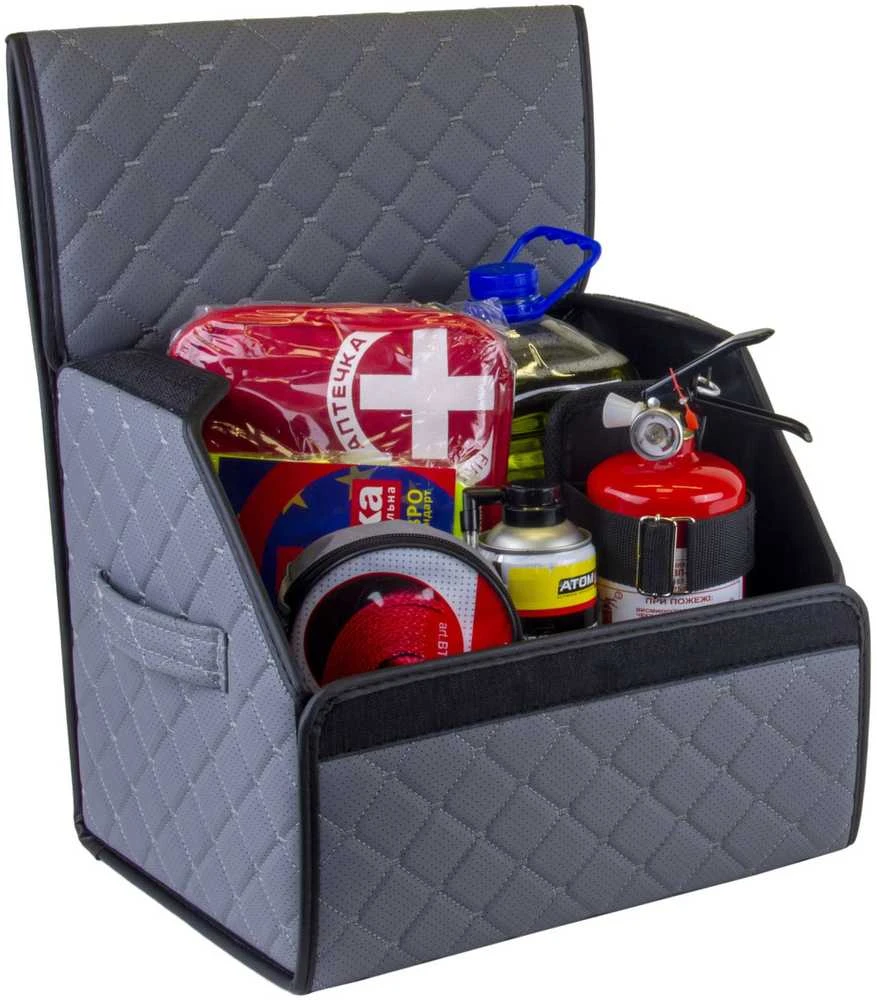 Bagažinės daiktadėžė EVAtech ECO S 30x30x35 cm - pilka / juodi kraštai / pilkos siūlės / juodas vidus