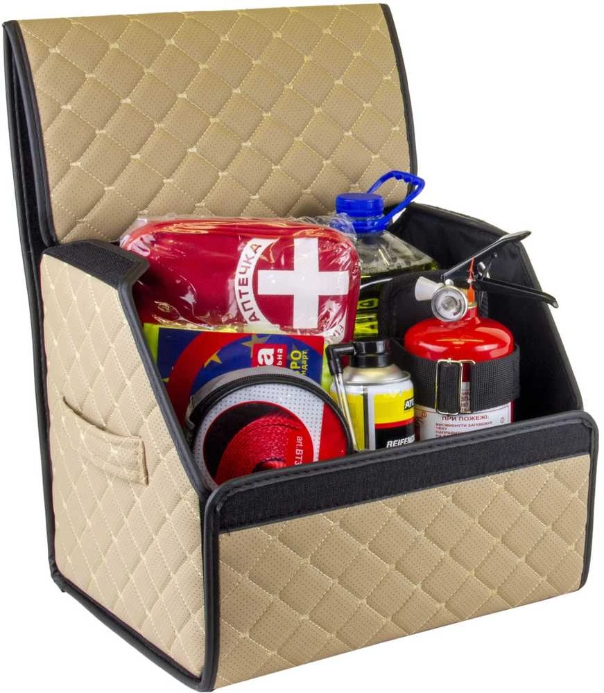 Bagažinės daiktadėžė EVAtech ECO S 30x30x35 cm - smėlio / juodi kraštai / smėlio siūlės / juodas vidus