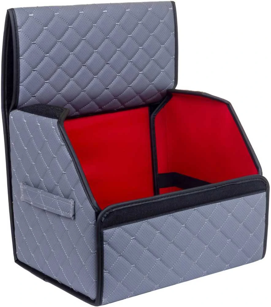 Bagažinės daiktadėžė EVAtech ECO S 30x30x35 cm - pilka / juodi kraštai / pilkos siūlės / raudonas vidus