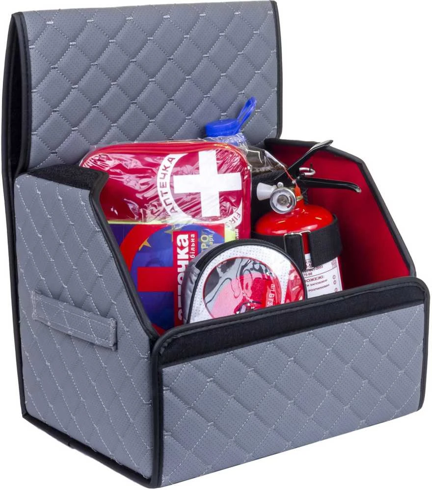 Bagažinės daiktadėžė EVAtech ECO S 30x30x35 cm - pilka / juodi kraštai / pilkos siūlės / raudonas vidus