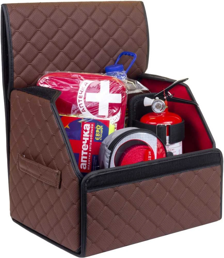 Bagažinės daiktadėžė EVAtech ECO S 30x30x35 cm - ruda / juodi kraštai / rudos siūlės / raudonas vidus