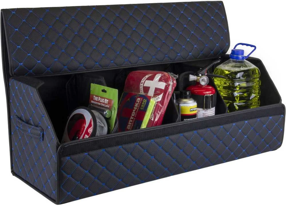 Bagažinės daiktadėžė EVAtech ECO XL 30x30x80 cm - juoda / juodi kraštai / mėlynos siūlės / juodas vidus