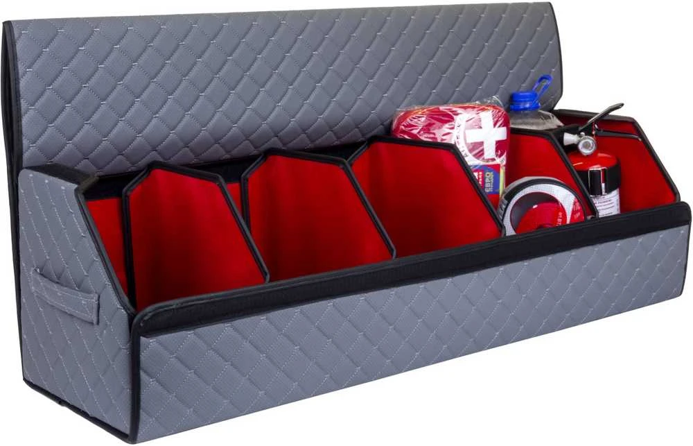 Bagažinės daiktadėžė EVAtech ECO XXL 30x30x100 cm - pilka / juodi kraštai / pilkos siūlės / raudonas vidus