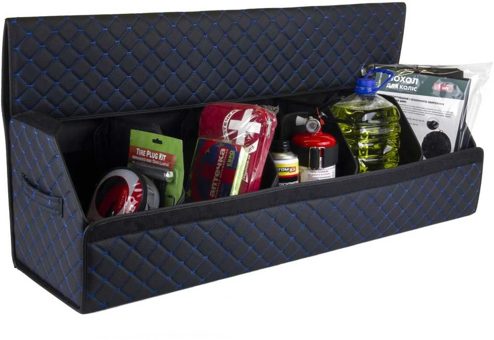 Bagažinės daiktadėžė EVAtech ECO XXL 30x30x100 cm - juoda / juodi kraštai / mėlynos siūlės / juodas vidus