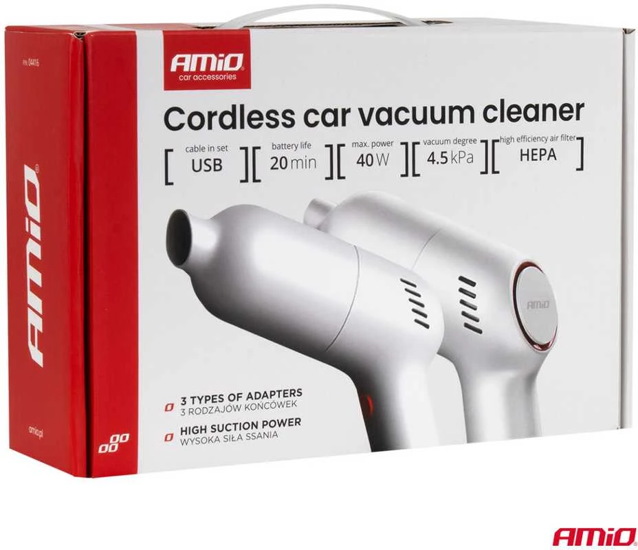 Belaidis automobilinis dulkių siurblys 40 W, 4,5 kPa, USB-C, su HEPA filtru, VC-07 AMIO-04415