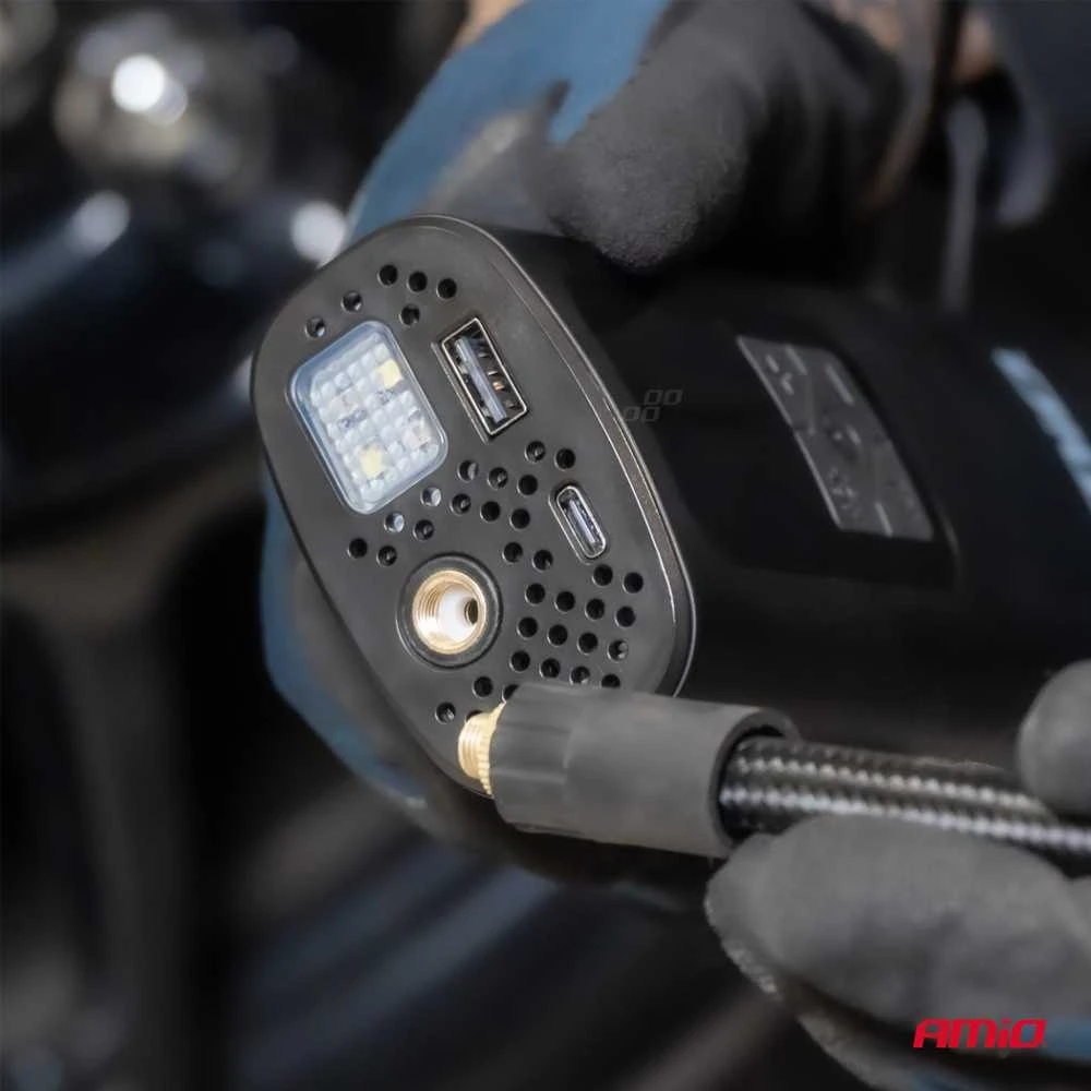 Belaidis automobilinis kompresorius 40 W su LED, powerbank ir USB-C, AMIO-04377