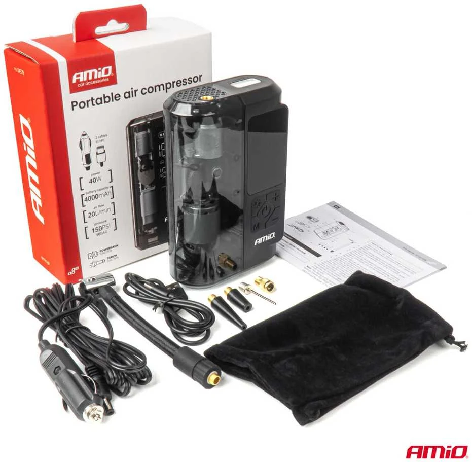 Belaidis automobilinis kompresorius 40 W su LED, powerbank ir USB-C, AMIO-04378