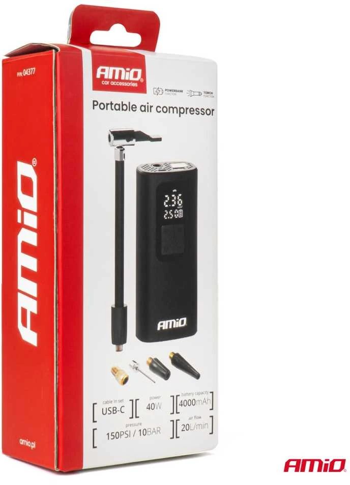 Belaidis automobilinis kompresorius 40 W su LED, powerbank ir USB-C, AMIO-04377