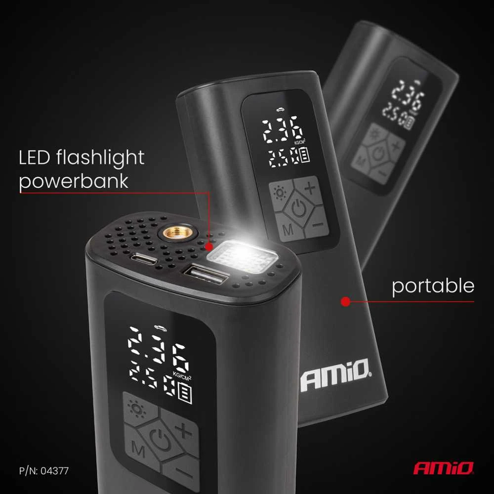 Belaidis automobilinis kompresorius 40 W su LED, powerbank ir USB-C, AMIO-04377