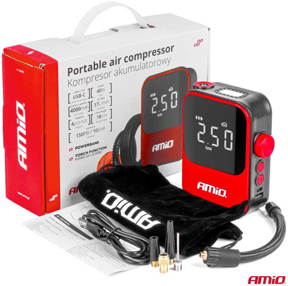 Belaidis automobilinis kompresorius 40W su powerbank AMIO-03690
