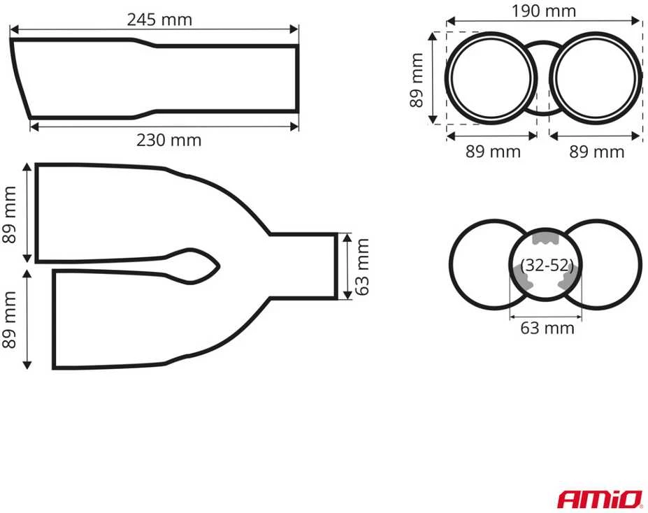 Duslintuvo antgalis 32-52 mm, nerūdijančio plieno, carbon, dvigubas, dešinysis, AMiO‑04070