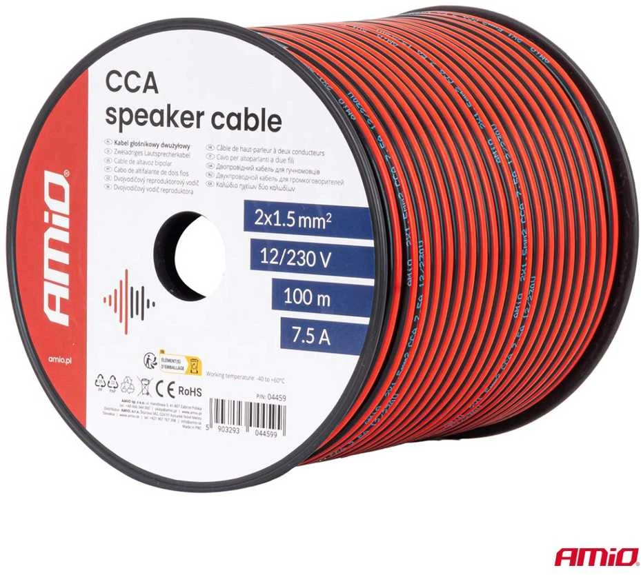 Dvejų gyslų CCA kabelis, 2x1.5mm² 100m 7.5A AMIO-04459