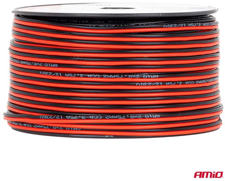 Dviejų laidininkų CCA garsiakalbių kabelis 2×0,75 mm², 100 m, 3,75 A AMIO-04457