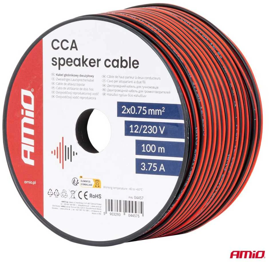 Dviejų laidininkų CCA garsiakalbių kabelis 2×0,75 mm², 100 m, 3,75 A AMIO-04457