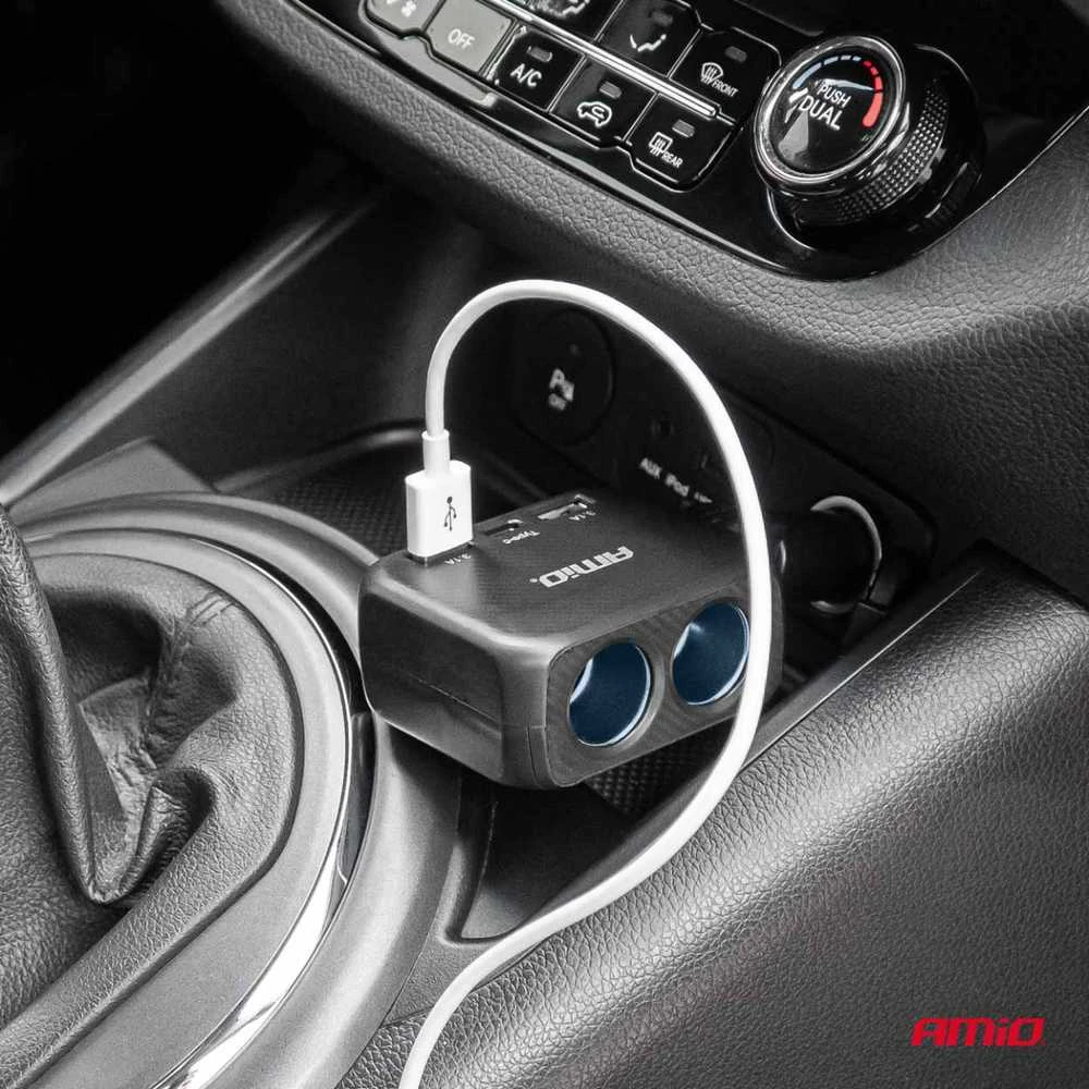 Dviejų lizdų cigarečių uždegiklio prailgintojas su įkrovikliu 2×USB-A + USB-C 12/24V 100W 180° AMIO-04357