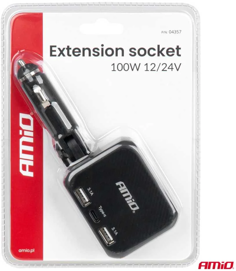 Dviejų lizdų cigarečių uždegiklio prailgintojas su įkrovikliu 2×USB-A + USB-C 12/24V 100W 180° AMIO-04357