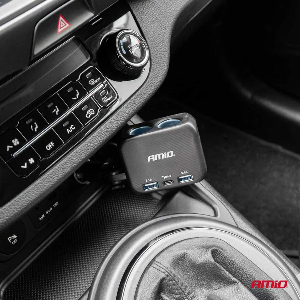 Dviejų lizdų cigarečių uždegiklio prailgintojas su įkrovikliu 2×USB-A + USB-C 12/24V 100W 180° AMIO-04357