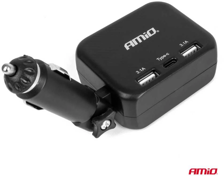 Dviejų lizdų cigarečių uždegiklio prailgintojas su įkrovikliu 2×USB-A + USB-C 12/24V 100W 180° AMIO-04357