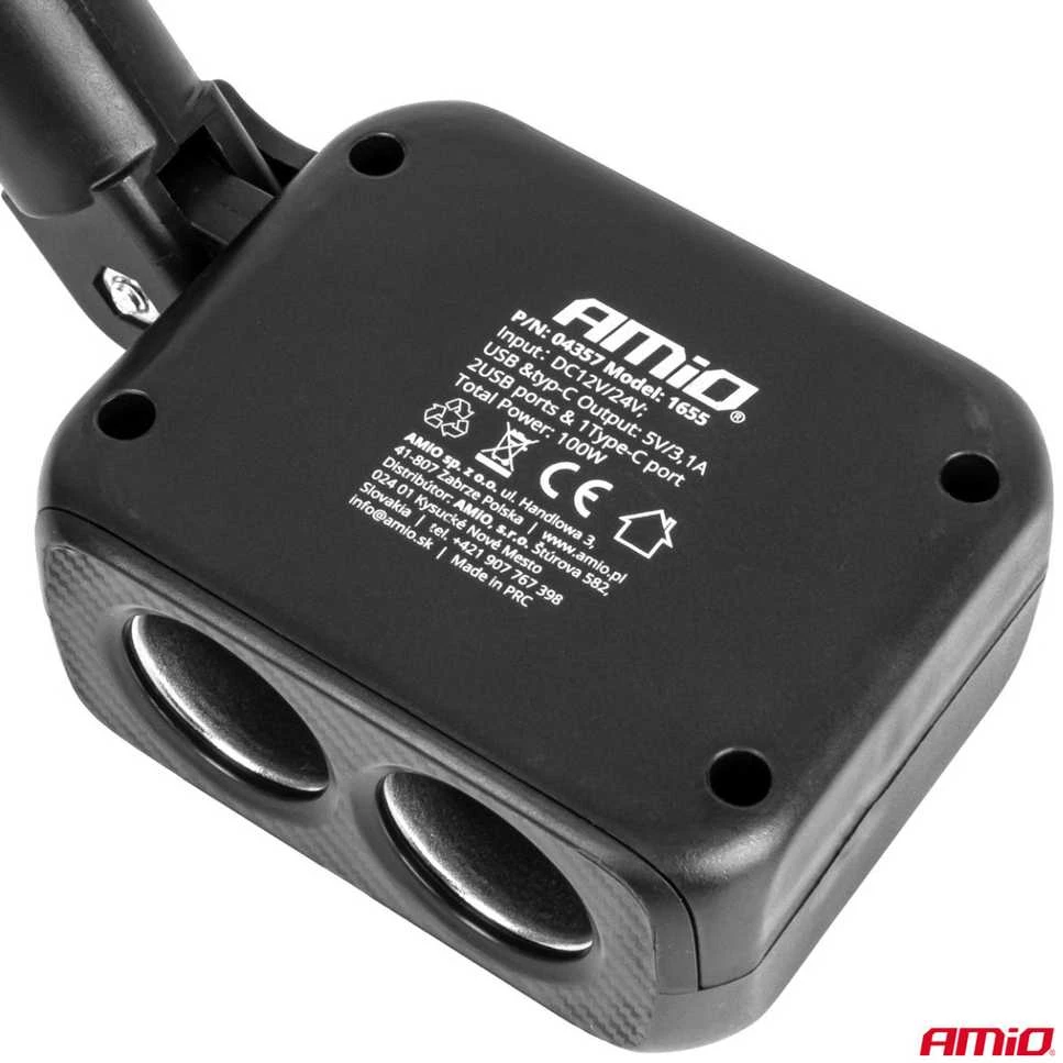 Dviejų lizdų cigarečių uždegiklio prailgintojas su įkrovikliu 2×USB-A + USB-C 12/24V 100W 180° AMIO-04357