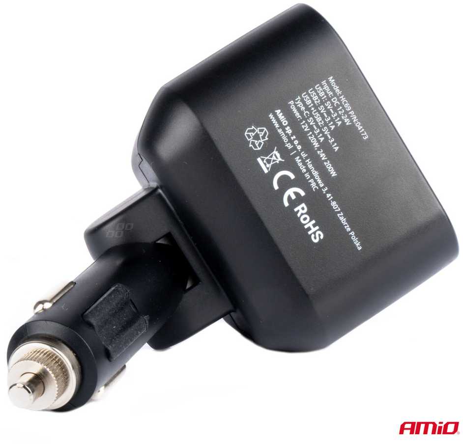 Dvigubas automobilio maitinimo lizdas 2x USB + 1x USB-C 12/24V, max 200W, AMIO-04173