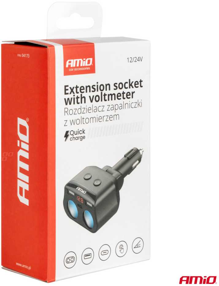 Dvigubas automobilio maitinimo lizdas 2x USB + 1x USB-C 12/24V, max 200W, AMIO-04173
