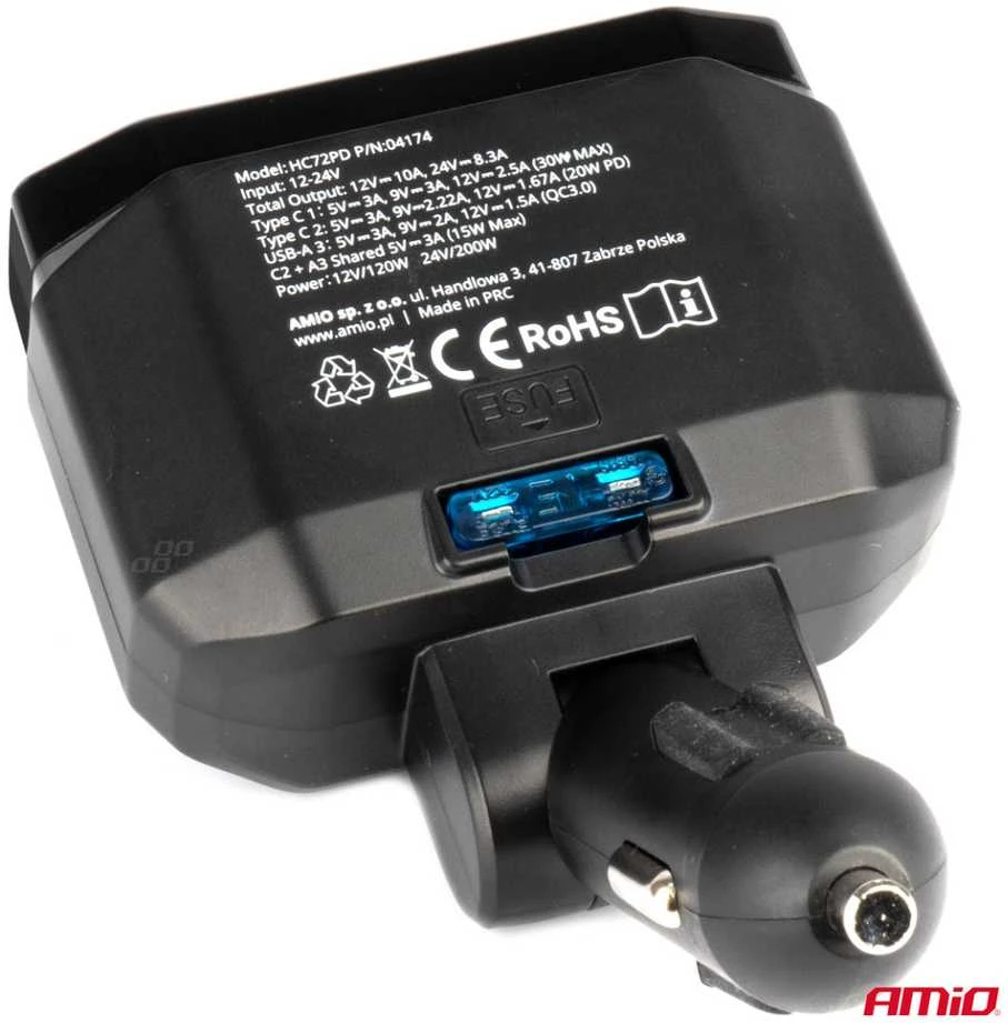 Dvigubas automobilio maitinimo lizdas PD30W PD20W QC3.0 12/24V, max 200W, AMIO-04174