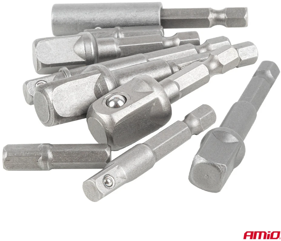 Galvučių adapterių suktuvui rinkinys, 1/4" HEX, 1/4" / 3/8" / 1/2", 9 vnt., AMIO-04931
