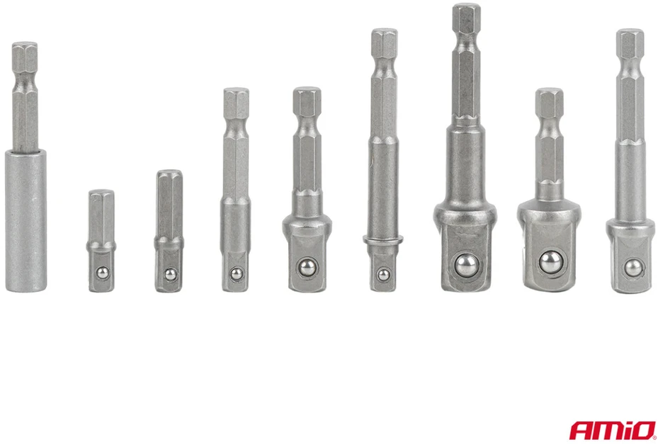 Galvučių adapterių suktuvui rinkinys, 1/4" HEX, 1/4" / 3/8" / 1/2", 9 vnt., AMIO-04931