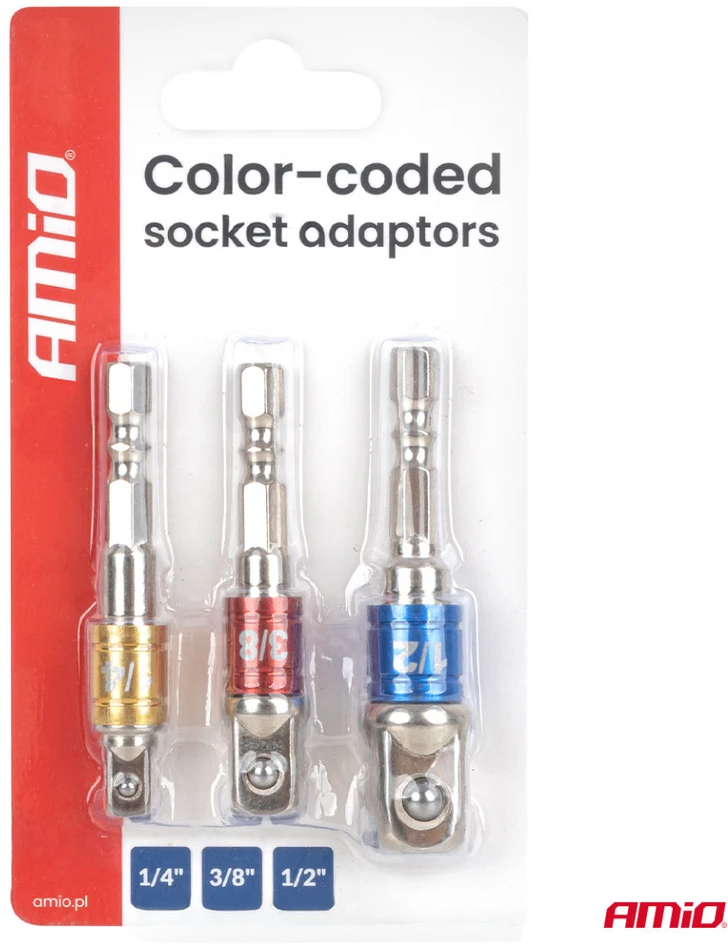 Galvučių adapterių suktuvui rinkinys, 1/4" / 3/8" / 1/2", 3 vnt., AMIO-04936