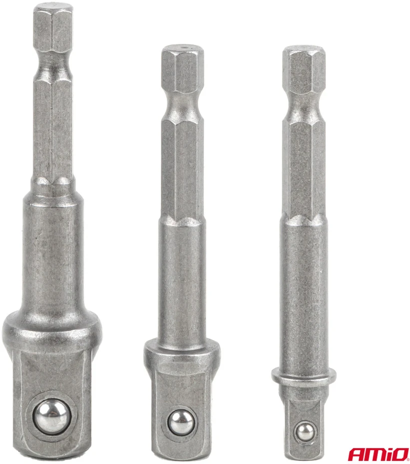Galvučių adapterių suktuvui rinkinys, 1/4" HEX, 1/4" / 3/8" / 1/2", 3 vnt., AMIO-04933