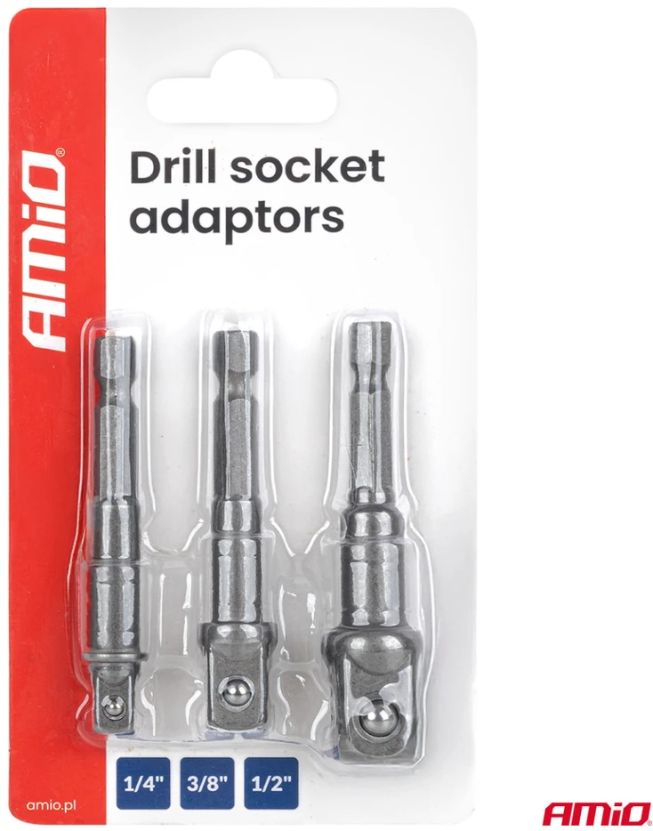 Galvučių adapterių suktuvui rinkinys, 1/4" HEX, 1/4" / 3/8" / 1/2", 3 vnt., AMIO-04933