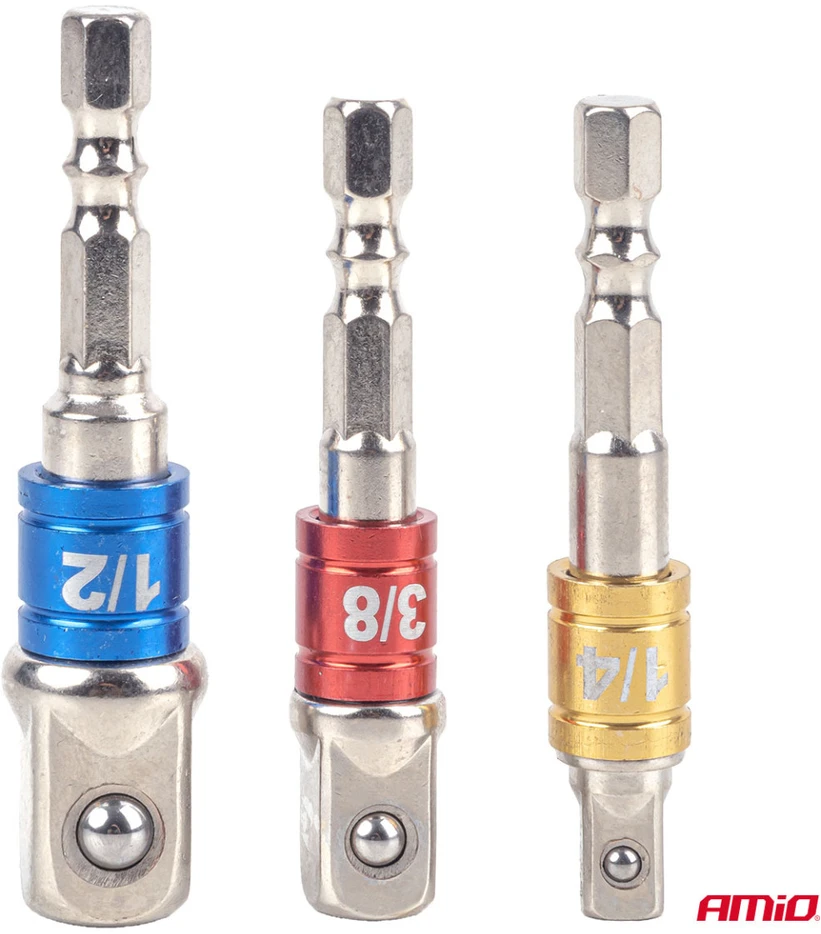 Galvučių adapterių suktuvui rinkinys, 1/4" / 3/8" / 1/2", 3 vnt., AMIO-04936